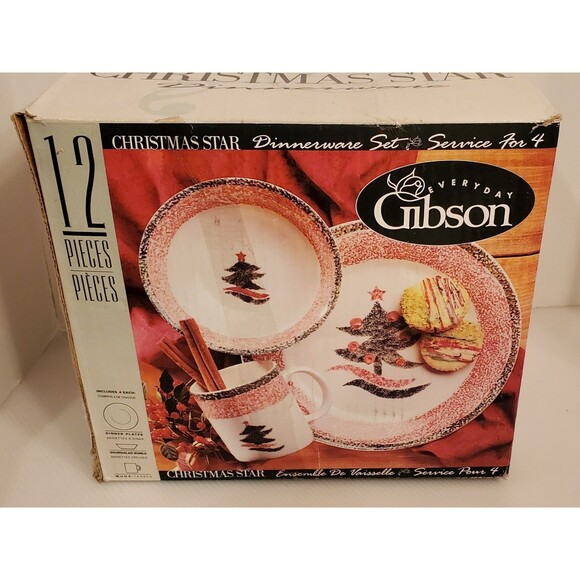 Gibson Christmas Star Dinnerware Set New 12pc Tree Spongeware Bowl Plate Mug Y2K - Picture 3 of 12